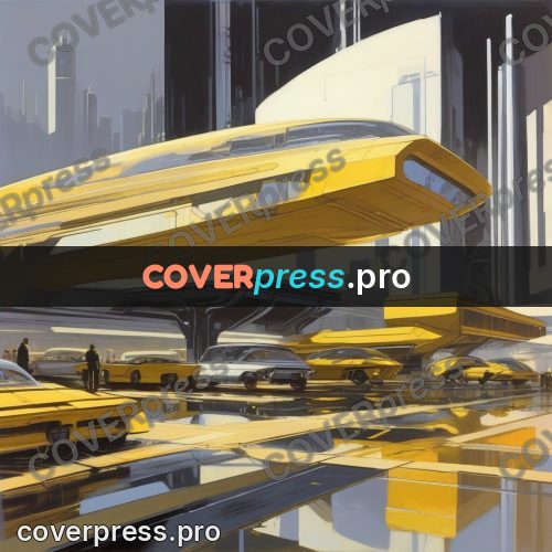 Syd Mead style painting: yellow city with vehicles