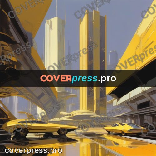 Syd Mead style painting: yellow city with vehicles