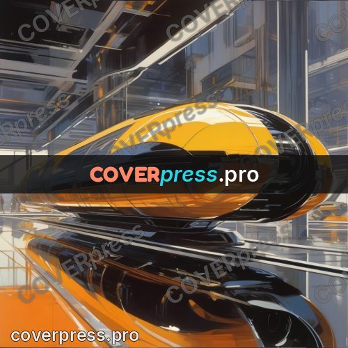 Syd Mead style painting: orange craft in a hall