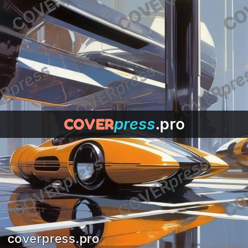 Syd Mead style painting: orange craft in a hall
