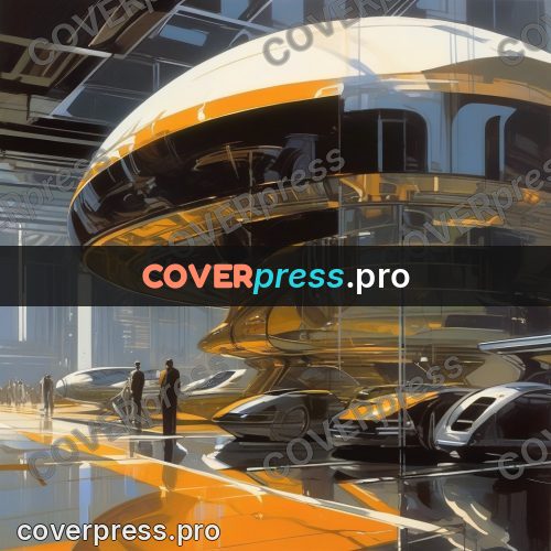 Syd Mead style painting: orange craft in a hall