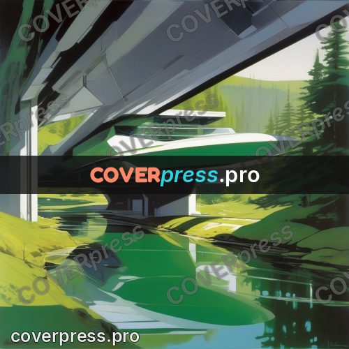 Syd Mead style painting: green craft by the water