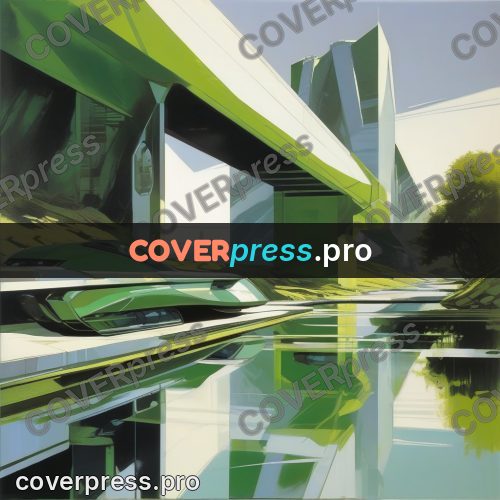 Syd Mead style painting: green craft by the water