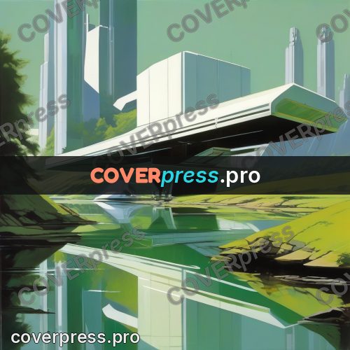 Syd Mead style painting: green craft by the water