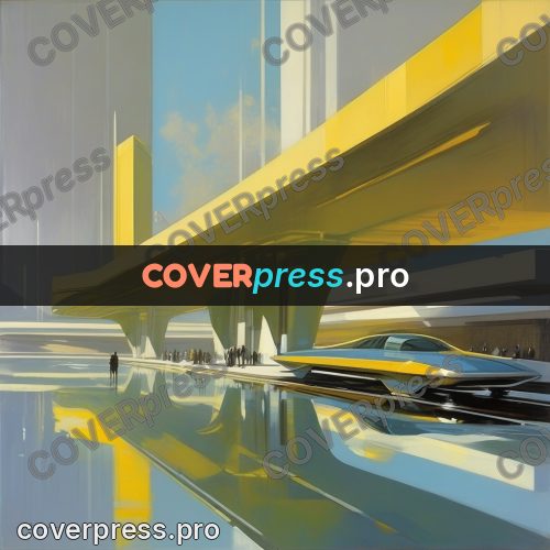 Syd Mead style painting: yellow overpass above a square