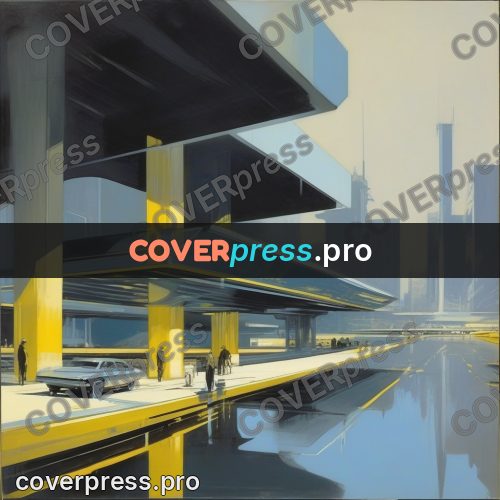 Syd Mead style painting: yellow overpass above a square