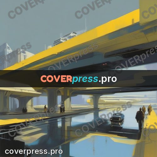 Syd Mead style painting: yellow overpass above a square