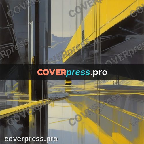 Syd Mead style painting: yellow structure above the water
