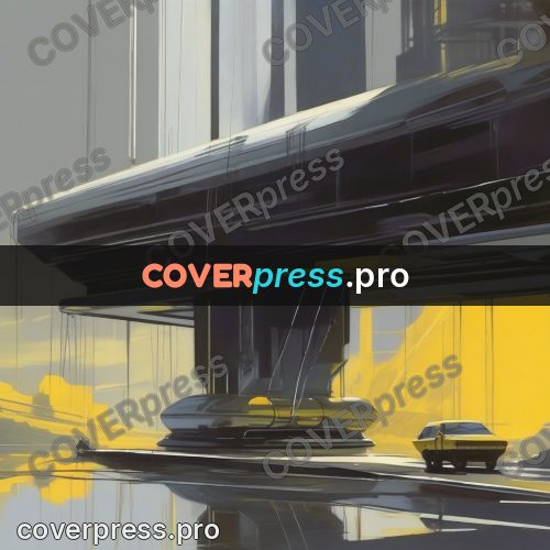 Syd Mead style painting: yellow structure above the water