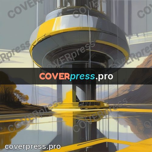 Syd Mead style painting: yellow structure above the water