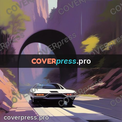 Syd Mead style painting: road among violet cliffs