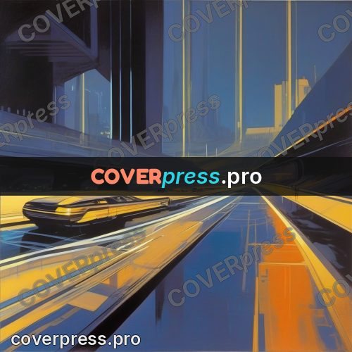 Syd Mead style painting: night highway with light trails