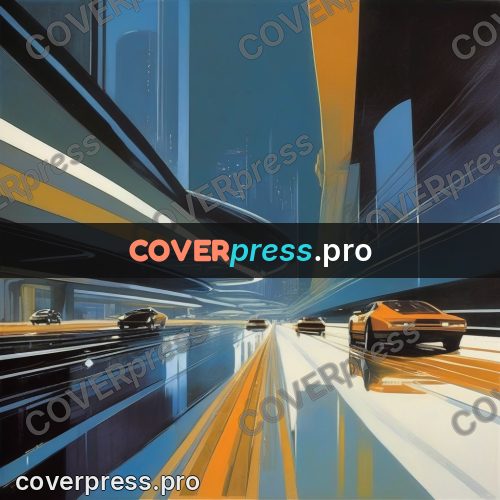 Syd Mead style painting: night highway with light trails