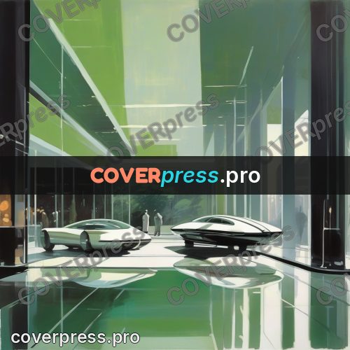 Syd Mead style painting: glass lobby with reflections