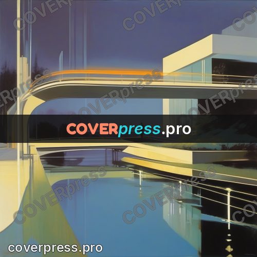 Syd Mead style painting: bridge above water by buildings