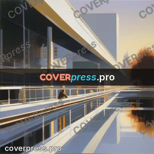 Syd Mead style painting: bridge above water by buildings