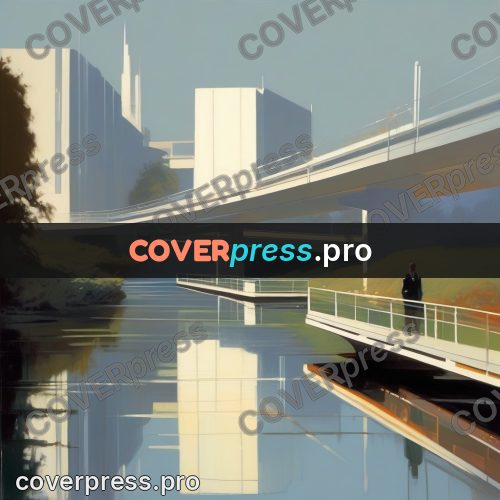 Syd Mead style painting: bridge above water by buildings