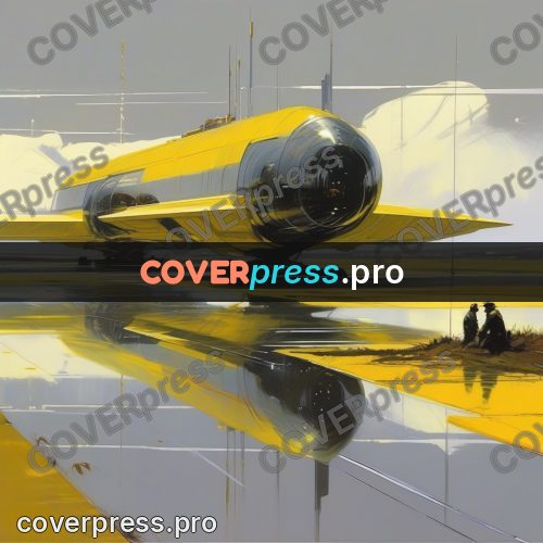 Syd Mead style painting: yellow craft on a wet plain