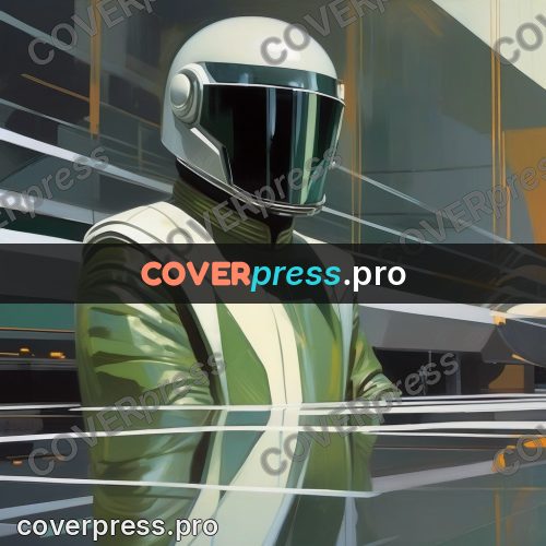 Syd Mead style painting: man in a green helmet