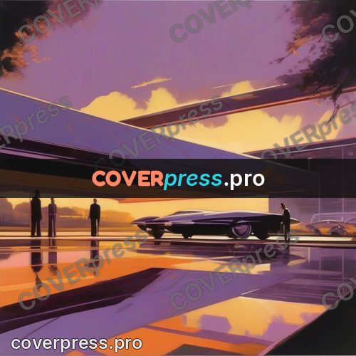 Syd Mead style painting: car by a house at sunset