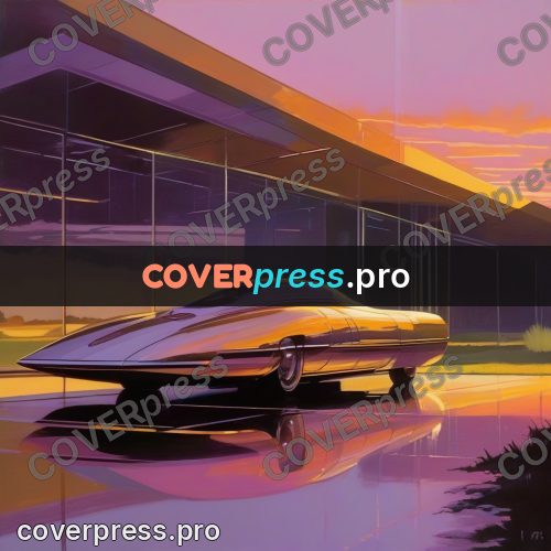 Syd Mead style painting: car by a house at sunset