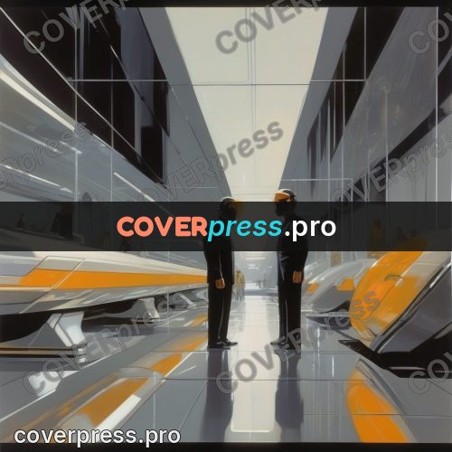 Syd Mead style painting: men in a bright corridor