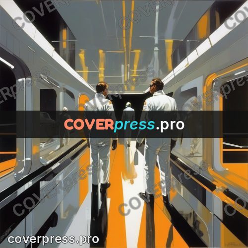 Syd Mead style painting: men in a bright corridor
