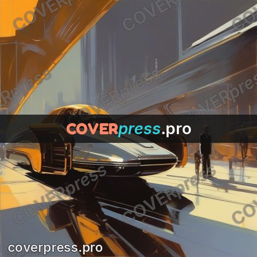 Syd Mead style painting: streamlined car in a bright hall