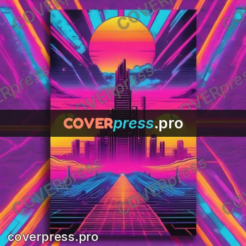 80s retro illustration: street between towers to the sun