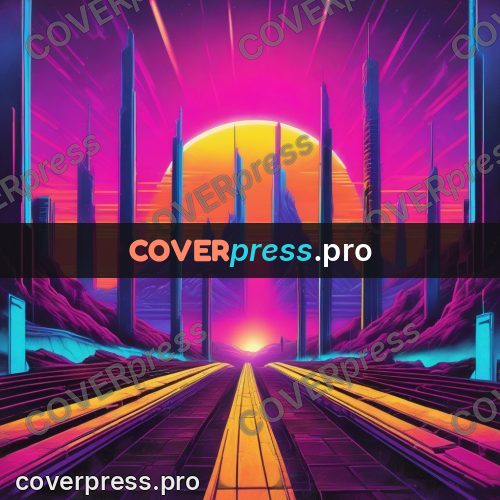 80s retro illustration: street between towers to the sun
