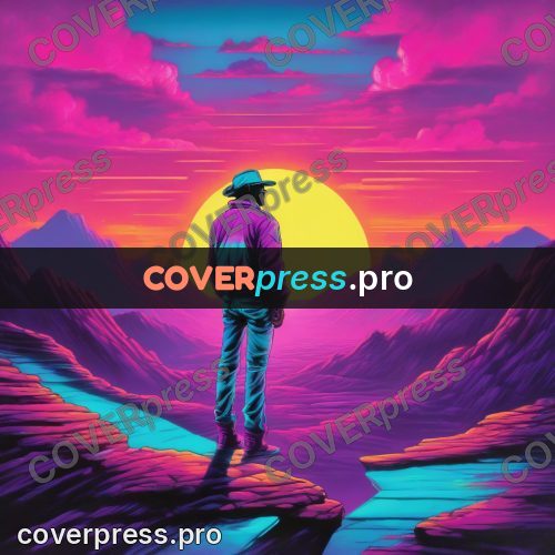 80s retro illustration: figure from behind at sunset