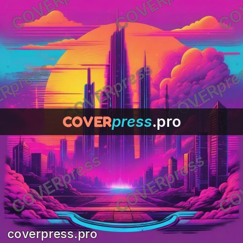 80s retro illustration: city towers at sunset