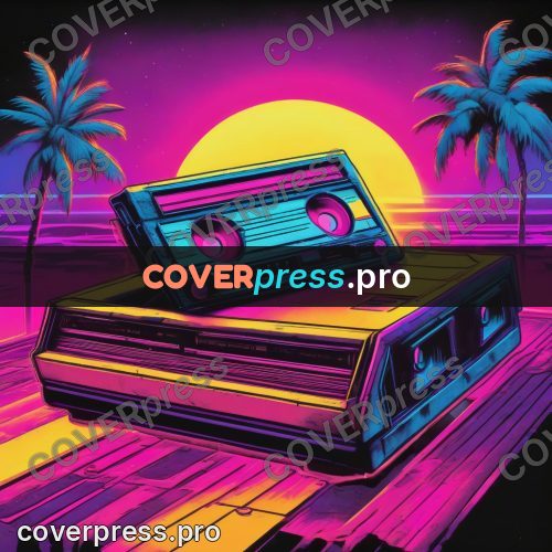 80s retro illustration: cassette against a sunset