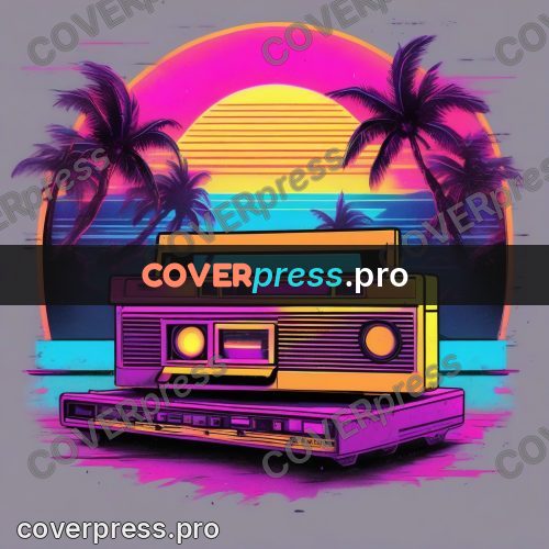 80s retro illustration: cassette against a sunset