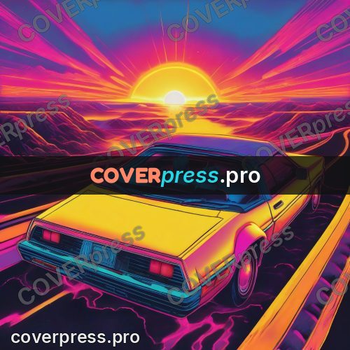 80s retro illustration: car against a sunset