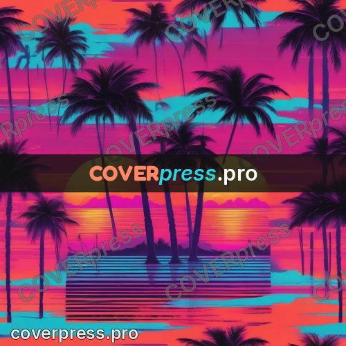 80s retro illustration: palm against the sun by water