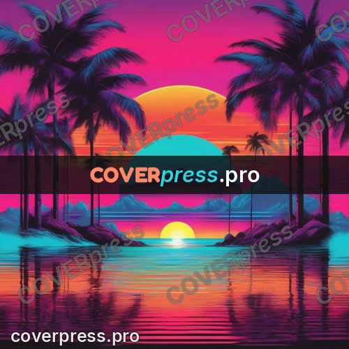 80s retro illustration: palm against the sun by water