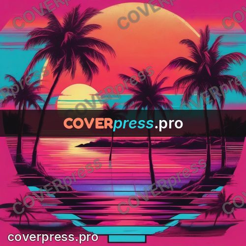 80s retro illustration: sunset over water among palms