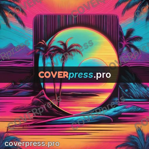 80s retro illustration: sun circle over a palm shore