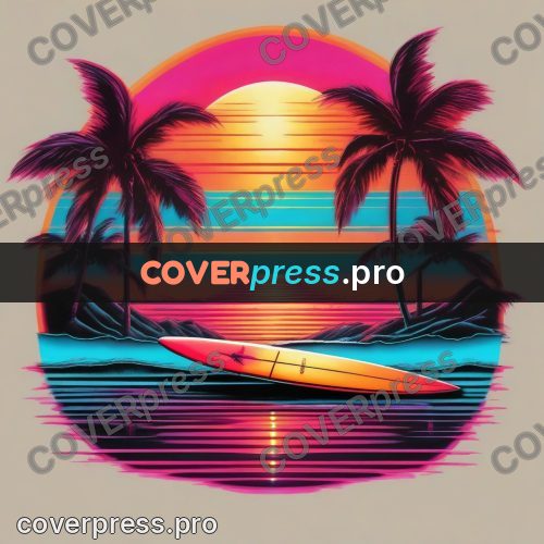 80s retro illustration: sun circle over a palm shore