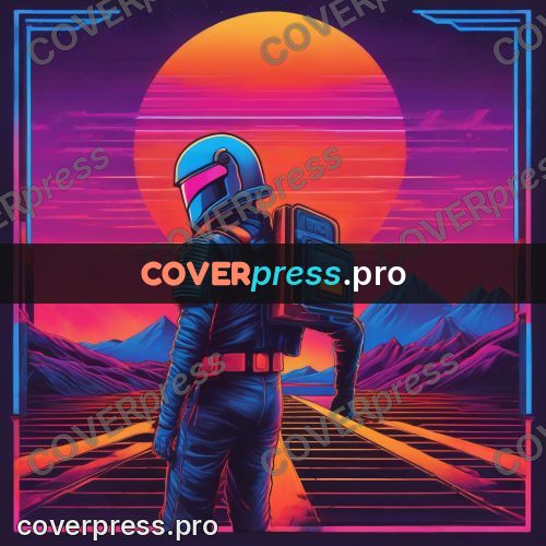 80s retro illustration: figure in a helmet at sunset