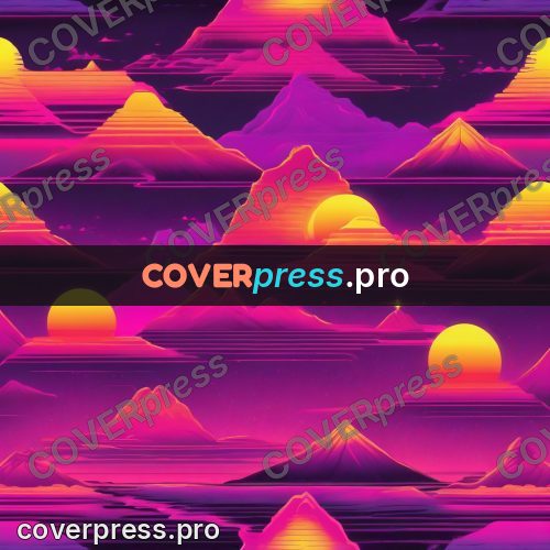 80s retro illustration: mountains with a sun over water