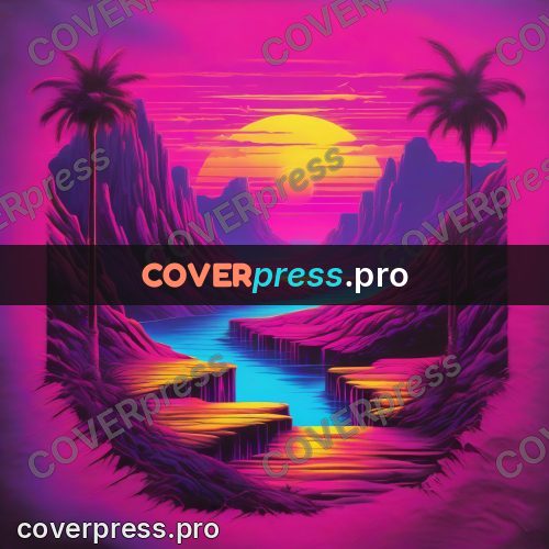 80s retro illustration: mountains with a sun over water
