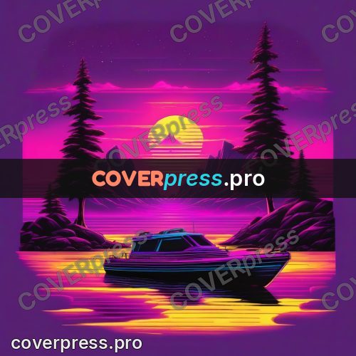 80s retro illustration: water and sun between cliffs