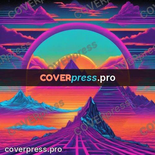 80s retro illustration: mountains under a setting sun