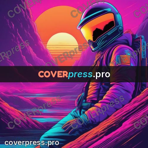 80s retro illustration: figure in a helmet in mountains