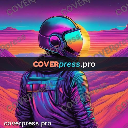 80s retro illustration: figure in a helmet in mountains
