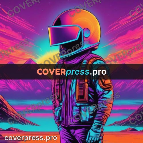 80s retro illustration: figure in a helmet in mountains