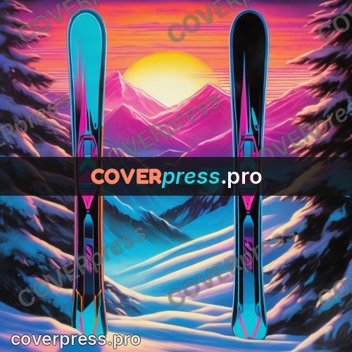 80s retro illustration: skis against snowy mountains
