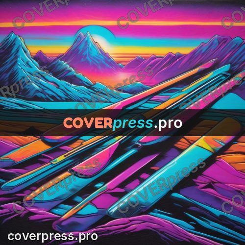80s retro illustration: skis against snowy mountains